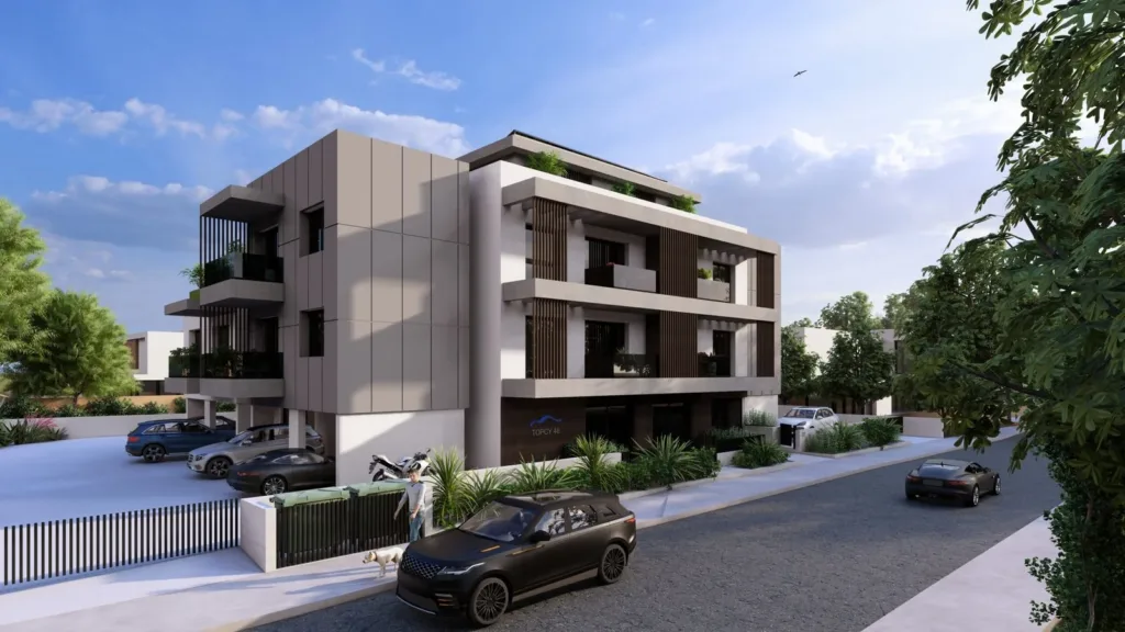 A visualisation of TOPCY46 seen along the street, with trees on the right