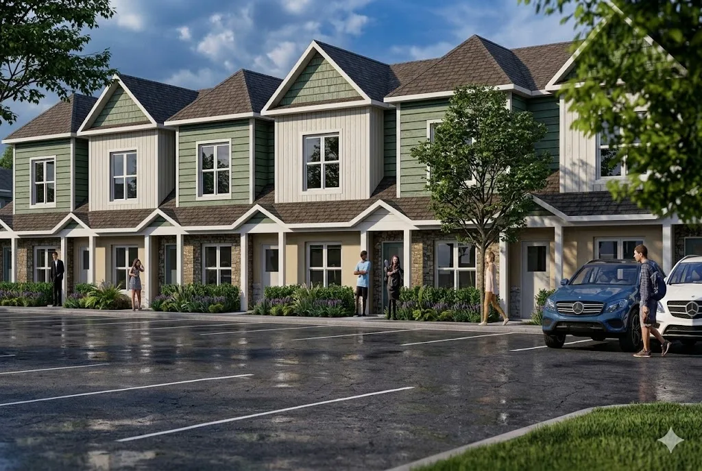 Phối cảnh dãy nhà phố hai tầng Walker's Landing nhìn từ bãi đỗ xe