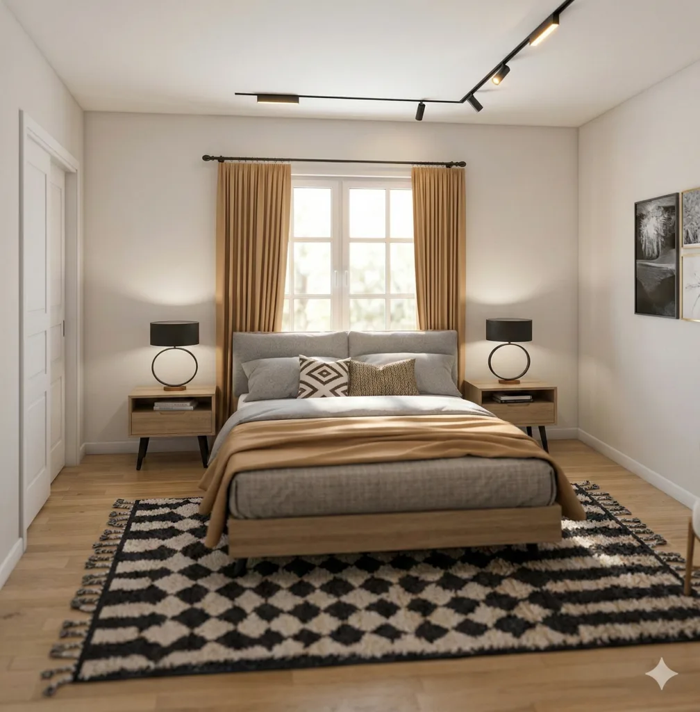 Phối cảnh phòng ngủ với giường đôi và thảm caro
