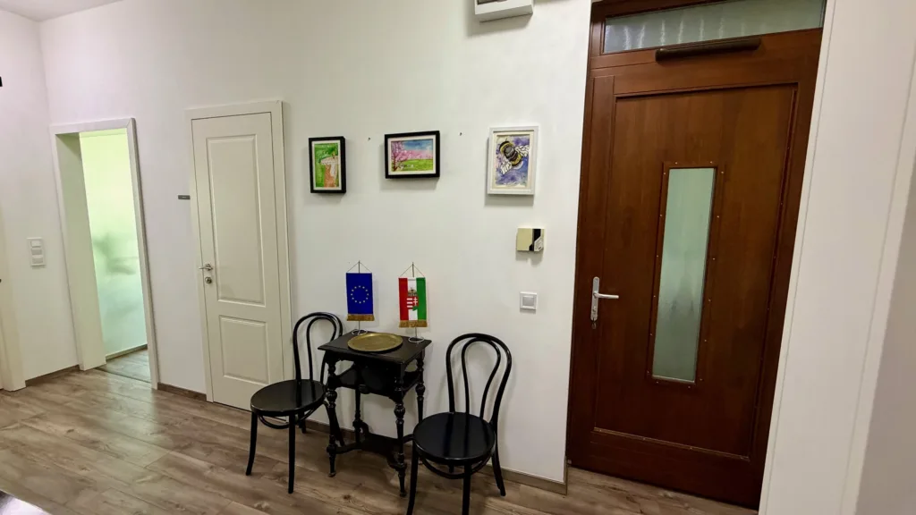 The Westbridge Consulting office corridor with small EU and Hungarian flags on a side table
